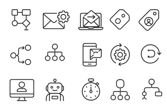 Marketing Automation Icons. Line style icons of marketing automation: workflow builder, triggered email icon, auto-responder,