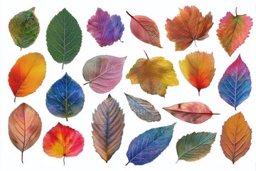 Obraz premium Collection of colorful autumn leaves displaying various shapes and hues arranged artistically on a white background