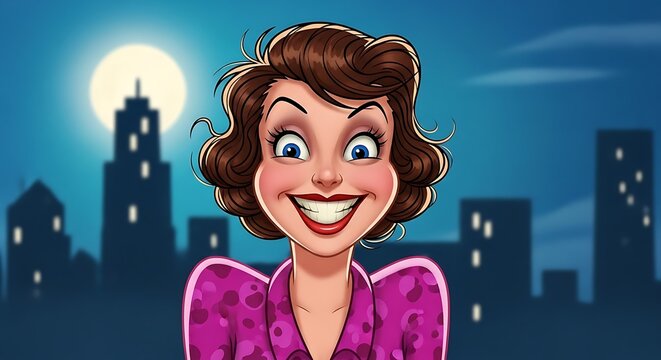 Happy woman smiling in front of city at night.