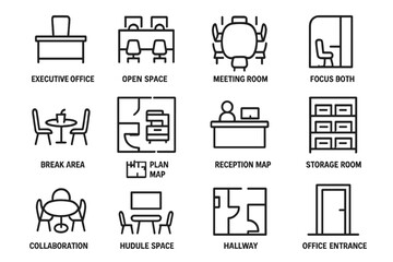 Office Layout Icons. Line style icons of office room layout: executive office, open space layout, meeting room, focus booth, break