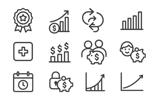 Savings Account Icons. Line style icons of savings account features: high-yield badge icon, interest earned tracker, automated