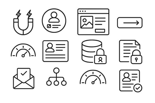 Lead Generation Icons. Line style icons of lead generation process: lead magnet icon, signup form badge, landing page mockup, call