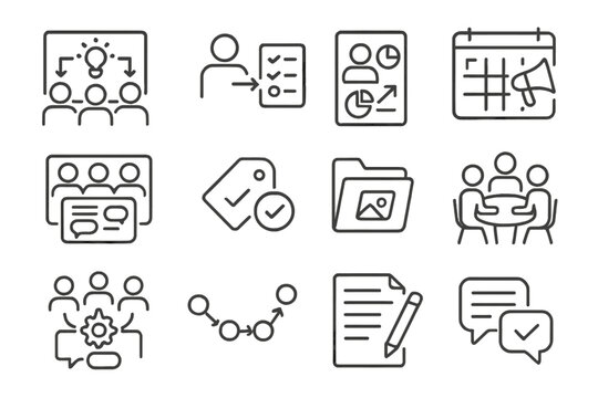Marketing Collaboration Icons. Line style icons of marketing team collaboration: team brainstorm board, task assignment icon,