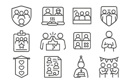 Icons of Team Building. Line style icons of team building and culture: group activity badge, virtual team lunch icon, team outing