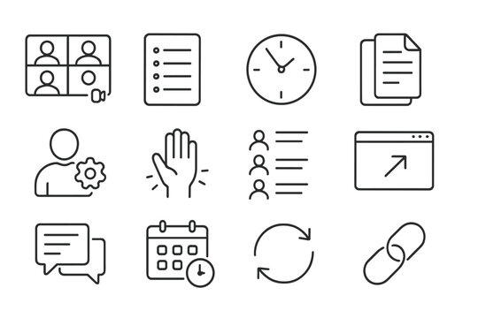 Virtual Meeting Icons. Line style icons of virtual meetings: video call with participants, agenda list, time zone clock, meeting