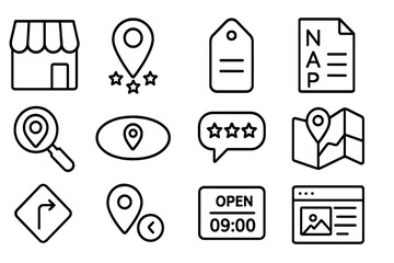 Local SEO Line Icons. Line style icons of local SEO: Google Business icon, map pin with stars, local citation tag, NAP consistency