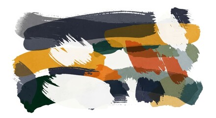 Modern Abstract Painting with Earthy Color Brush Strokes of Navy Mustard and Terracotta on a Clean White Background