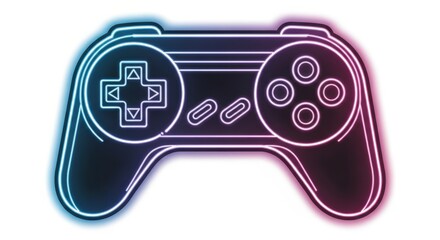 Neon Video Game Controller with Glowing Blue and Pink Outline Isolated on a White Background