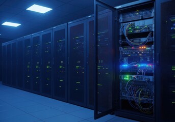 Modern server room with rows of data center racks. Digital network infrastructure simulation for secure cloud computing.