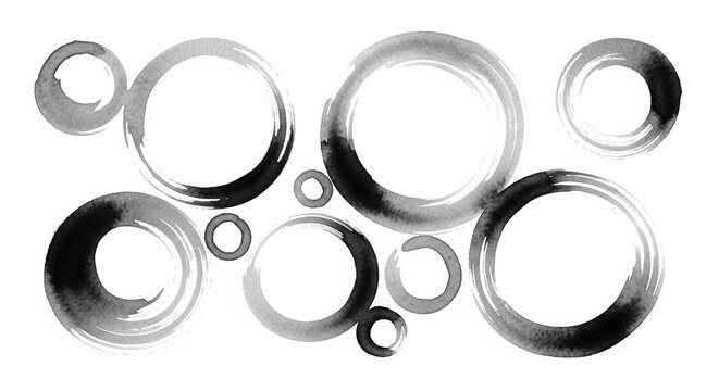 Abstract Black and Grey Ink Circles Hand Painted in a Minimalist Zen Style on a White Background