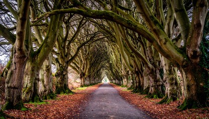 Naklejka premium A pathway lined with ancient, moss-covered trees, creating a serene and majestic tunnel effect.