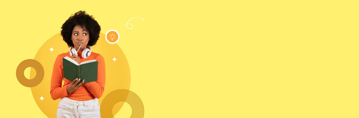 A focused student holds a book while wearing headphones, showing enthusiasm for learning. Bright colors create a vibrant atmosphere ideal for education and study.