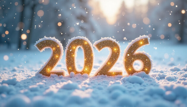 Glittering golden "2026" snow-dusted numbers in a frosty winter landscape with bokeh fireworks, capturing a magical celebratory mood for New Year’s content or holiday promotions.