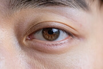 Obraz premium This closeup image of a human eye showcases a captivating brown iris with intricate patterns and unique beauty