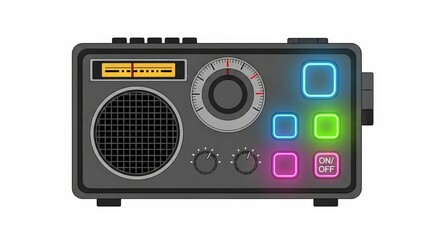 Modern Gray Radio with Colorful Glowing Neon Buttons Isolated on a White Background