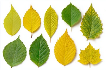 Various types of leaves arranged in an artistic display showcasing a range of colors and shapes typical of autumn season in a natural setting