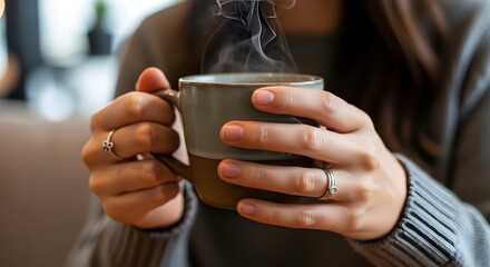 Cozy Moment Holding a Warm Mug of Coffee on a Relaxing Day - Perfect for Winter.