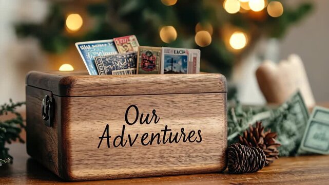 Our adventures box: cherishing travel memories with postcards amidst holiday decor