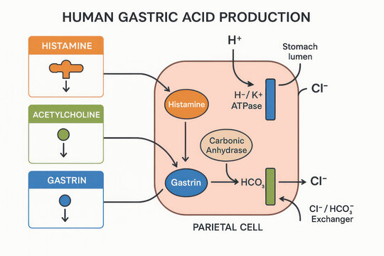 Human Gastric Acid Production Diagram - Illustration of Parietal Cell Function [Illustration]