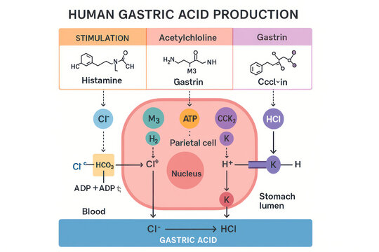 Human Gastric Acid Production Mechanism Illustration, medical diagram, Parietal cell function explanation, digestive system process [Illustration]