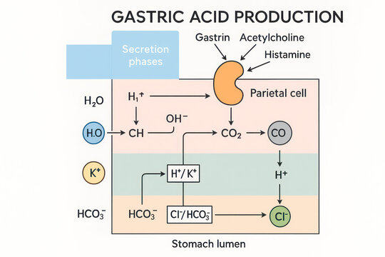 Gastric Acid Production Process Diagram, Illustration of cellular mechanism [Illustration]
