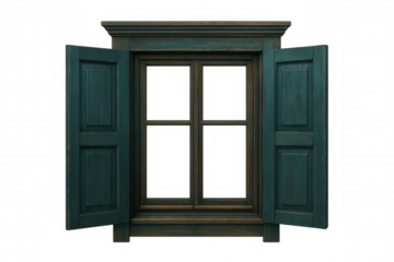 Aged wooden window frame, weathered shutters ajar, standing against transparent backdrop, highlighting rustic architectural details