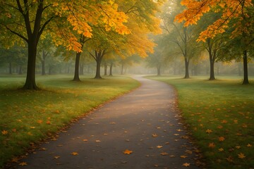 Peaceful campus path through foggy autumn trees with fallen leaves on the ground