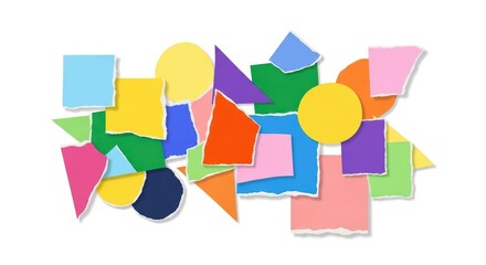 Colorful Torn Paper Geometric Shapes Forming an Abstract Collage Isolated on a Clean White Background