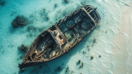 An aerial view of a shipwreck resting on a sandy seafloor, surrounded by clear turquoise water and marine vegetation.