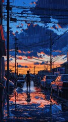 Rainy city street at sunset with reflections painting a beautiful scene perfect for wallpaper art print