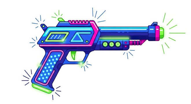 Futuristic Neon Blaster Toy Gun with Glowing Blue and Pink Lights Isolated on a White Background