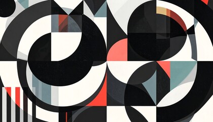 Obraz premium A dynamic graphic design featuring a vibrant interplay of circles, squares, and triangles, in bold black, white, and coral tones.