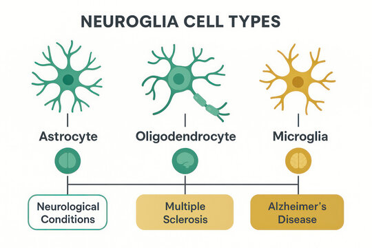 Neuroglia Cell Types: Astrocytes, Oligodendrocytes, Microglia - Illustration of Brain Cells and Associated Neurological Conditions [Illustration]