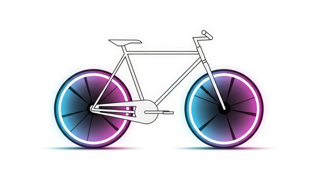 Modern Bicycle Illustration with Glowing Purple and Blue Neon Wheels on White Background