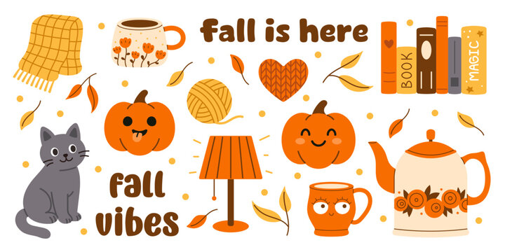 Vector cute autumn cozy set isolated on white. Funny pumpkin, cat, book, mug, teapot, lamp, yarn ball, scarf and leaves. Happy fall vibes design. Cute cozy collection.