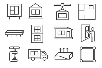 Modular Construction Icons. Line style icons of modular construction: prefab wall, modular unit icon, assembly crane, module plan,