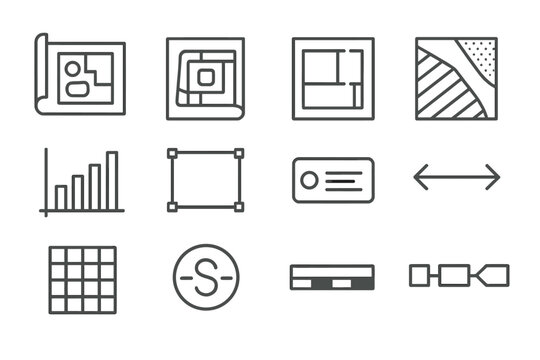 Site Planning Icons. Line style icons of site planning symbols: blueprint icon, site map, floor plan icon, zoning lines, elevation