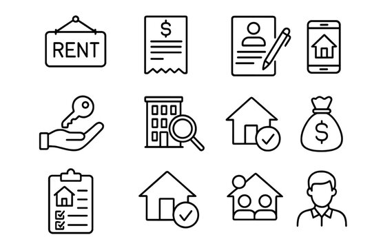 Rental Process Icons. Line style icons of rental housing: rent sign, monthly bill, tenant agreement, lease paper, key handover,