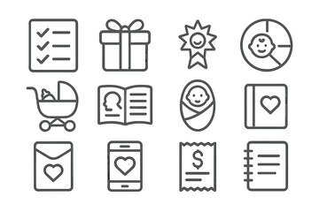 Baby Registry Icons. Line style icons of baby registry and essentials: checklist icon, registry gift box, must-have label, baby