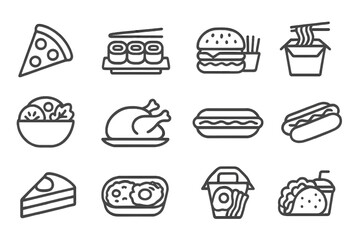 Food Delivery Icons. Line style icons of food delivery meals: pizza slice, sushi set, burger and fries, noodle box, salad bowl,