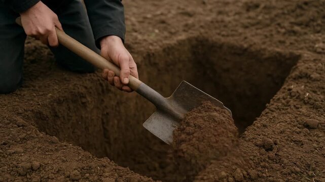 Shovel cuts through earth while digging a rectangular hole in the ground on a clear day with soil being removed from the pit in a rural area