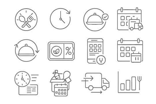 Food Delivery Icons. Line style icons of food delivery scheduling: set delivery time, order later icon, scheduled meals, calendar