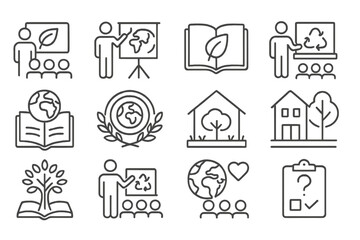 Environmental Education Icons. Line style icons of environmental education: green workshop icon, sustainability training, eco
