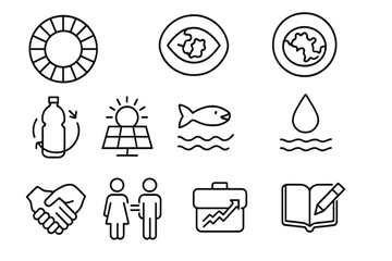 Sustainability Goals Icons. Line style icons of global sustainability goals: SDG wheel, goal 13 icon, climate action badge,