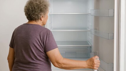 Elderly woman exploring an empty refrigerator in a bright kitchen during the afternoon