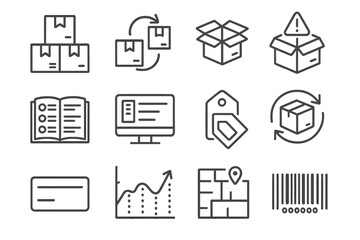 Inventory Management Icons. Line style icons of inventory management: stock icon, reorder point, stock in/out icon, low inventory