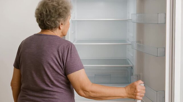 Elderly woman exploring an empty refrigerator in a bright kitchen during the afternoon