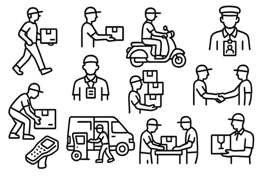 Courier Icons Line Art. Line style icons of courier roles: delivery person walking, package handoff, scooter courier, uniformed - Powered by Adobe