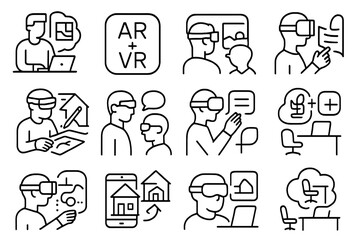 Mixed Reality Icons. Line style icons of mixed reality use: blended workspace view, AR plus VR symbol, virtual monitor setup,