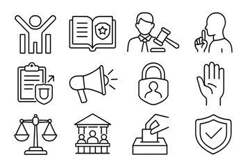 Legal Rights Icons. Line style icons of legal rights: civil rights icon, constitutional rights, right to attorney, right to remain